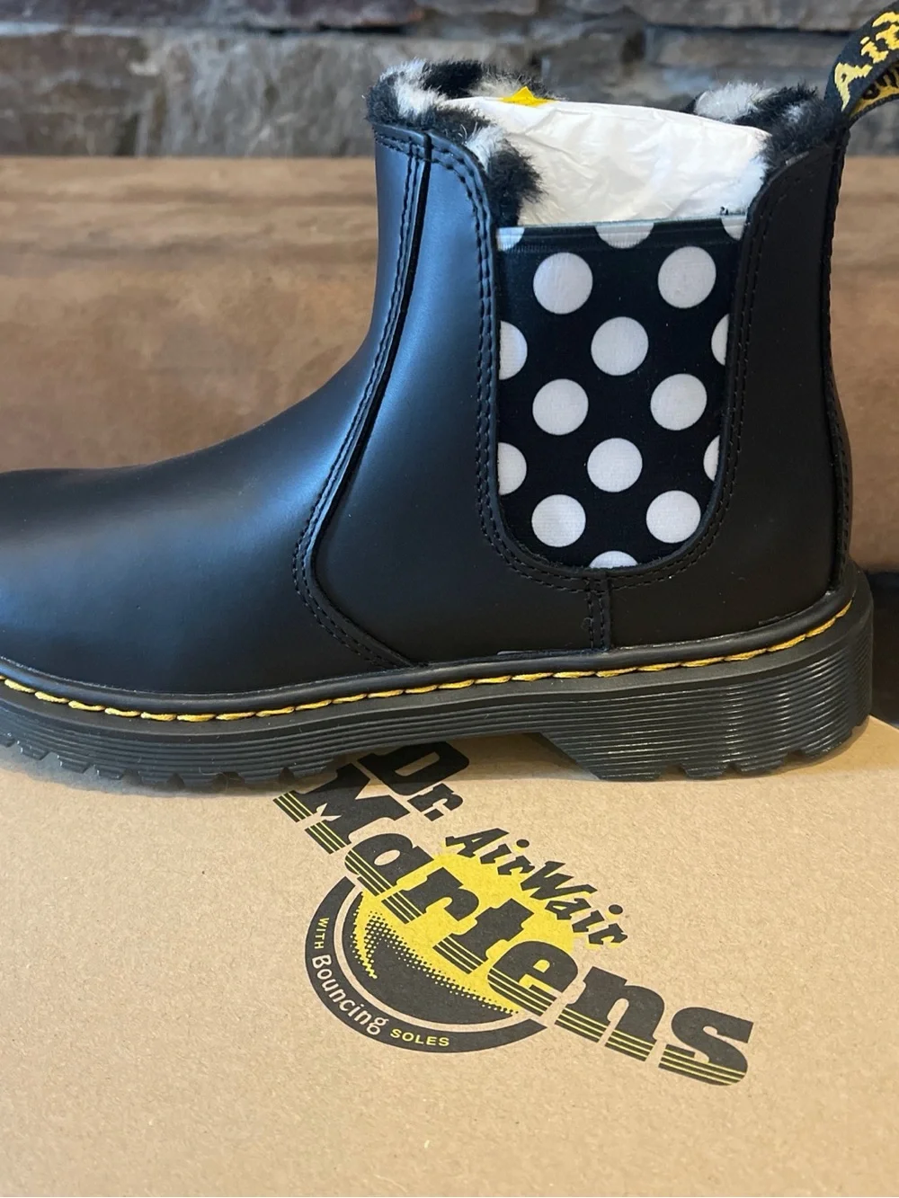 Dr. Martens Black Kids Leonore J Boots with White Polka Dots